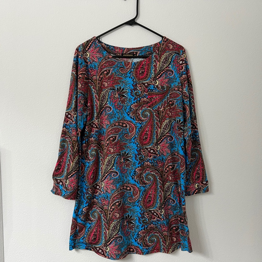 Reborn Womens XL Blue Red Paisley Tunic Top 3/4 Sleeve Button Back